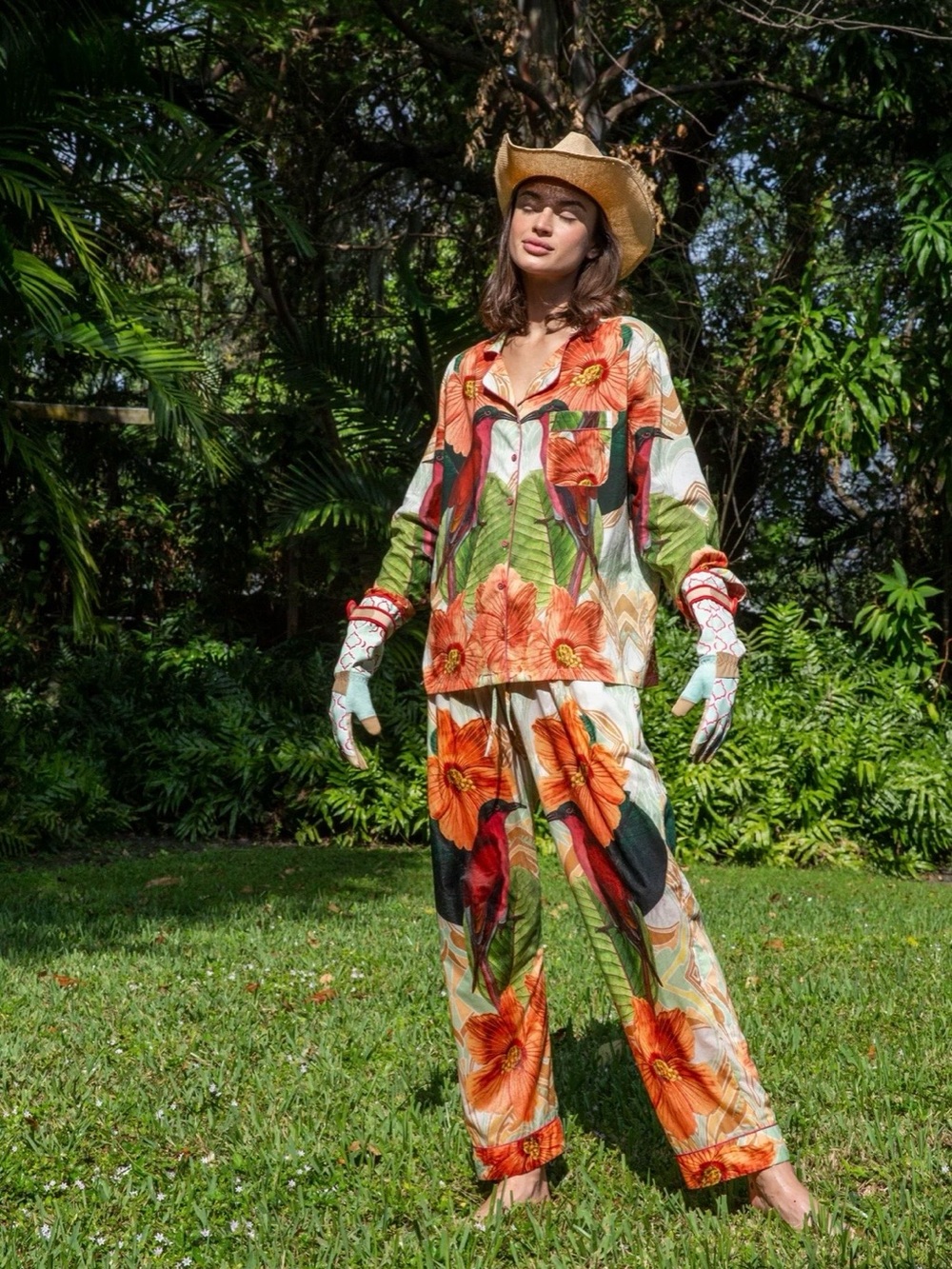 Tropical Wide-Leg Floral Pants in Orange & Green